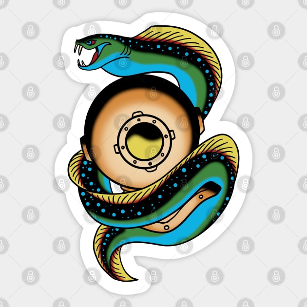 Moray eel and the diver Sticker by Mang Kumis